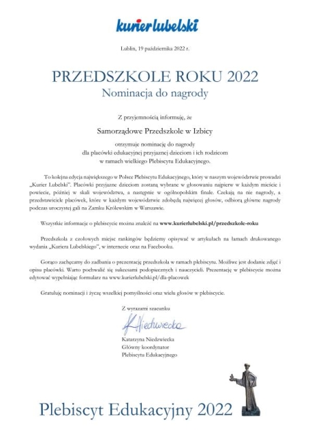 Nominacja do nagrody w Plebiscycie Edukacyjnym Kuriera Lubelskiego