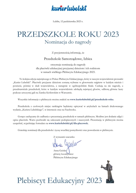 Nominacja w plebiscycie ''Przedszkole Roku 2023''